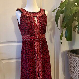 Red Black Scarf Print Midi Dress | Ornate Border Size M